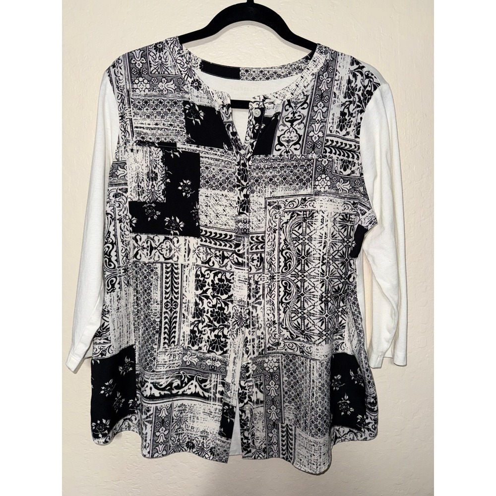 Black White Patchwork Print Three Quarter Sleeve Tunic Top Women's Size OS